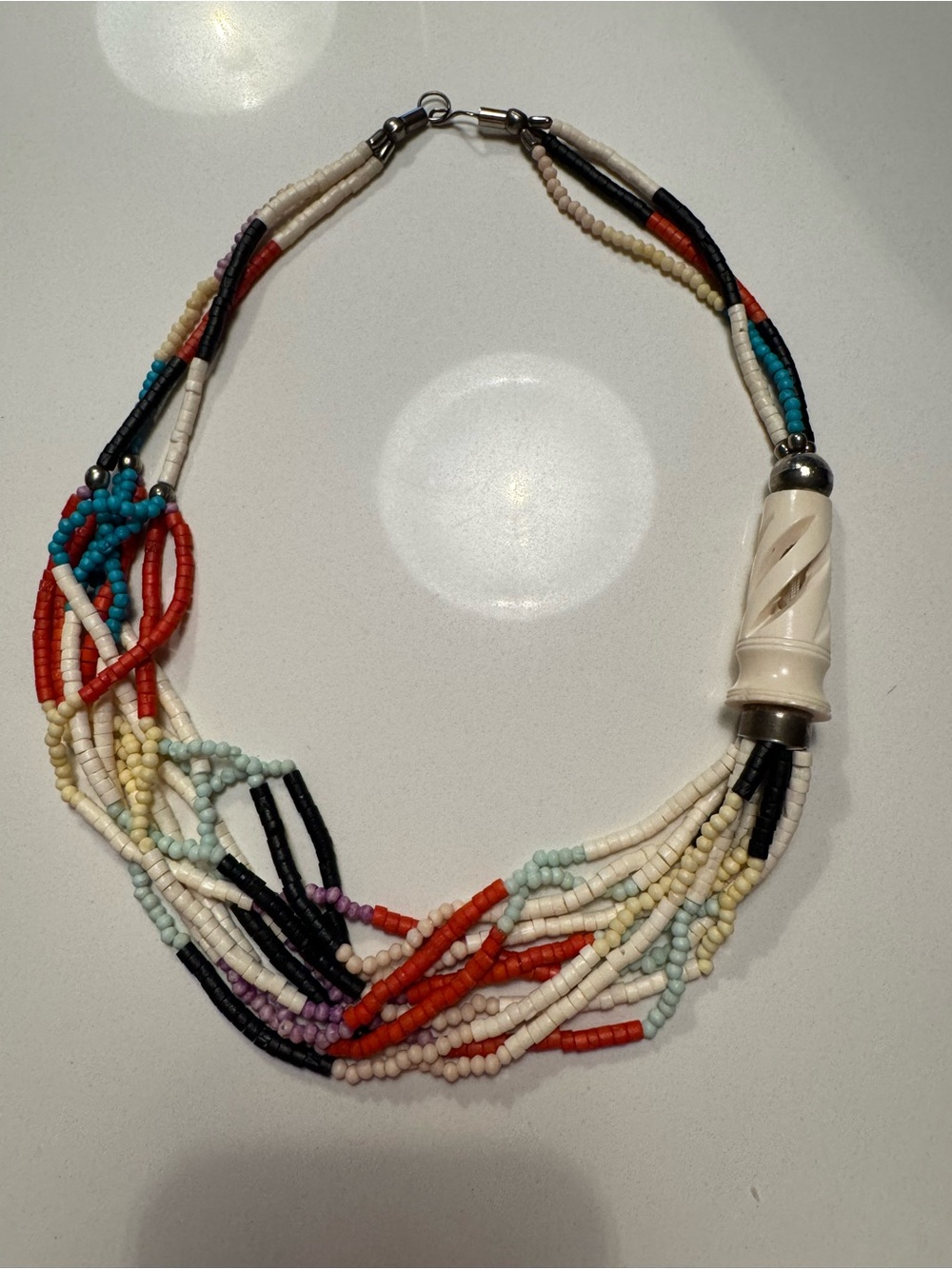 Multicolor Seed-Bead Necklace with Ivory-Tone Focal Accent. BEAUTIFUL handmade